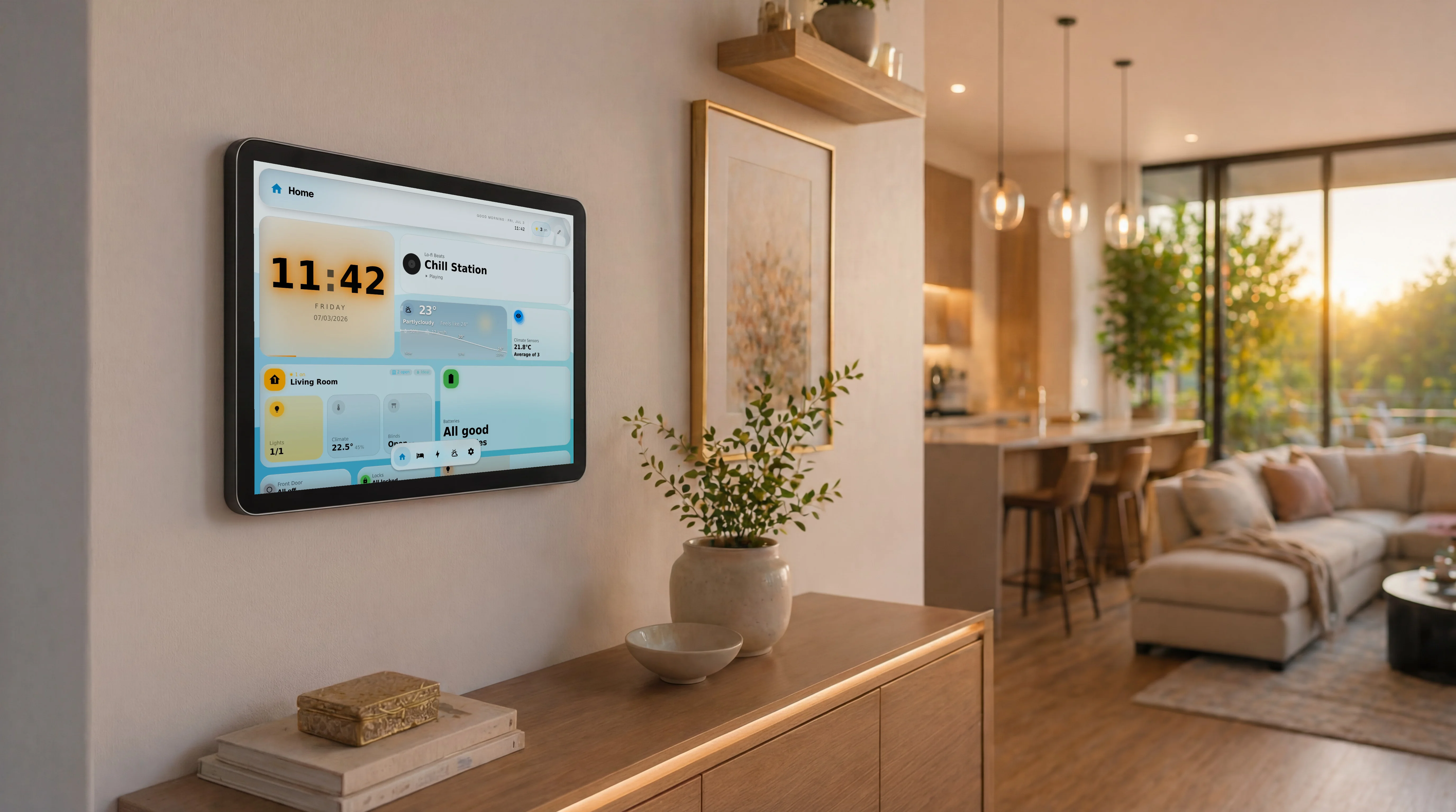 GlassHome on a wall-mounted tablet as a Home Assistant kitchen control panel