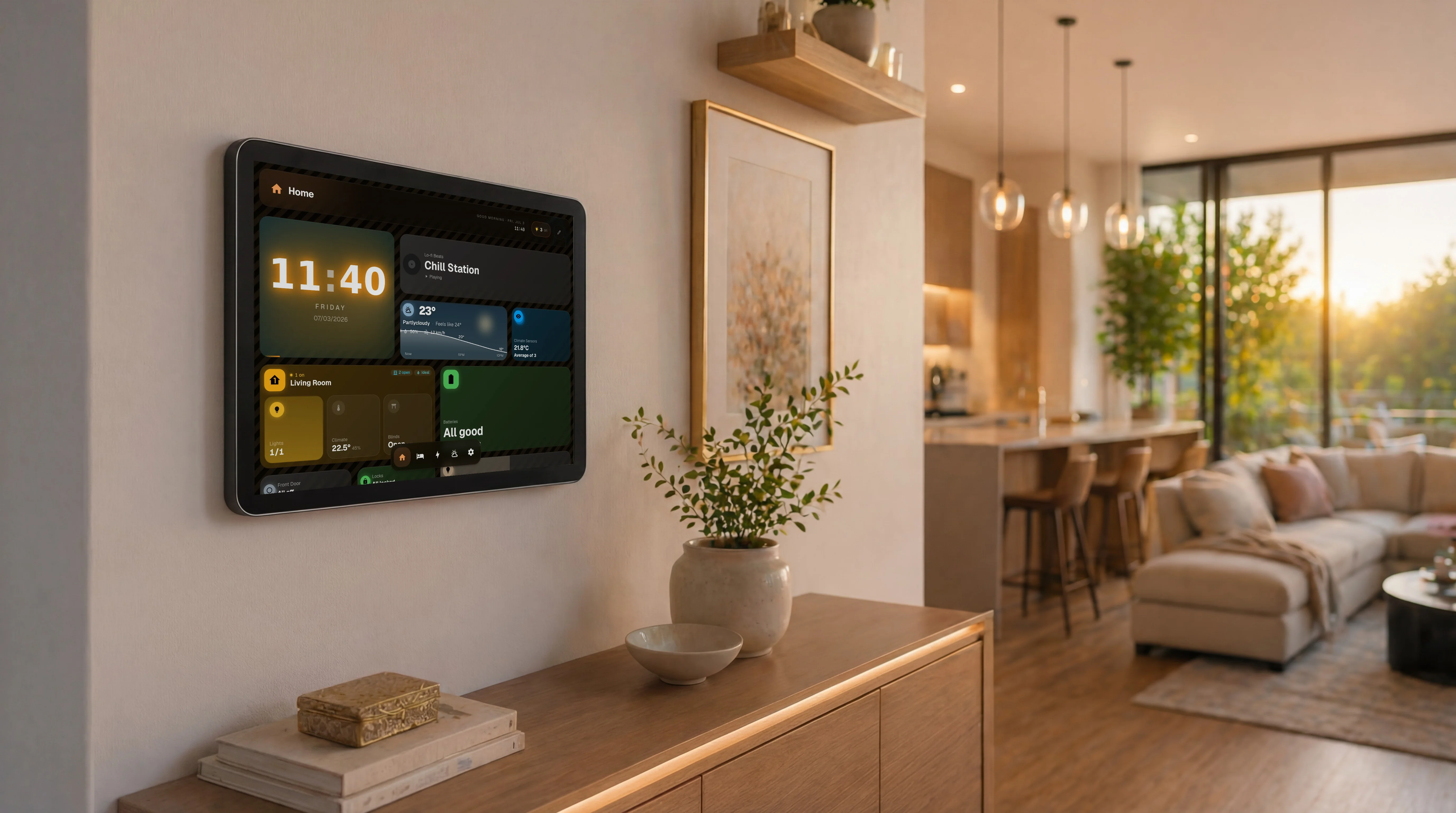 GlassHome dashboard, Sunrise Studio theme, on a wall-mounted tablet in a modern living room