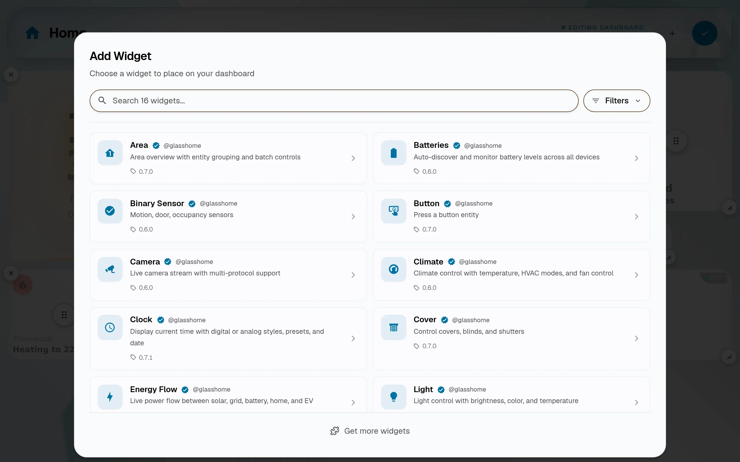 The GlassHome widget picker for a Home Assistant dashboard